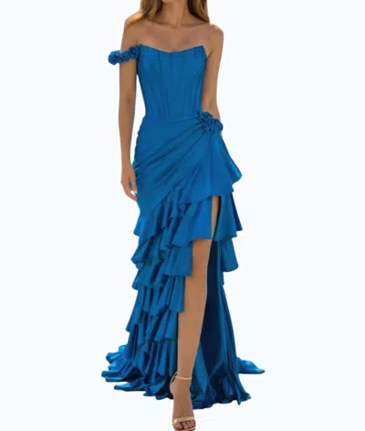 Sherri Hill Tiered High Slit Dress In Peacock In Blue