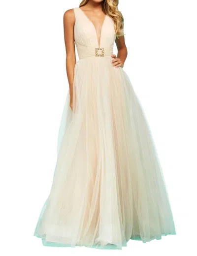 Sherri Hill Tulle A-line Gown In Champagne In Beige