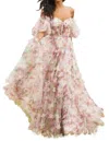 SHERRI HILL TULLE FLORAL PRINT GOWN IN BRIGHT PINK PRINT