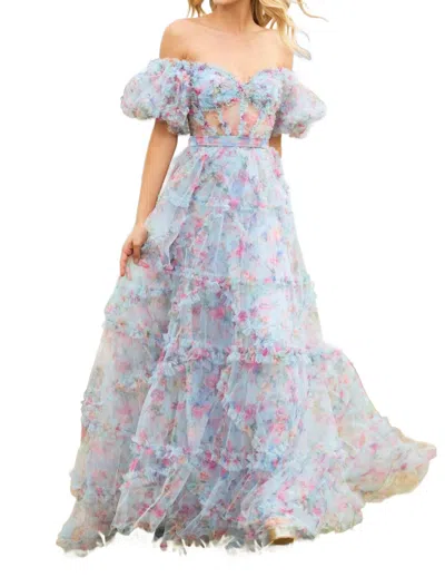 Sherri Hill Tulle Floral Print Gown In Light Blue Print In Multi