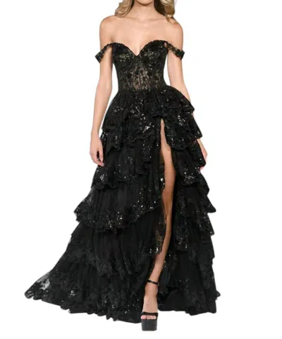 SHERRI HILL TULLE SEQUIN A-LINE PROM DRESS IN BLACK