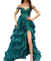Sherri Hill Tulle Sequin A-line Prom Dress In Emerald In Green