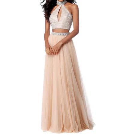 Sherri Hill Two-piece Beaded Keyhole Prom Dress In Nude In Brown