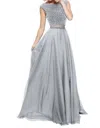 Sherri Hill Two-piece Chiffon Cap Prom Dress In Silver In Silver