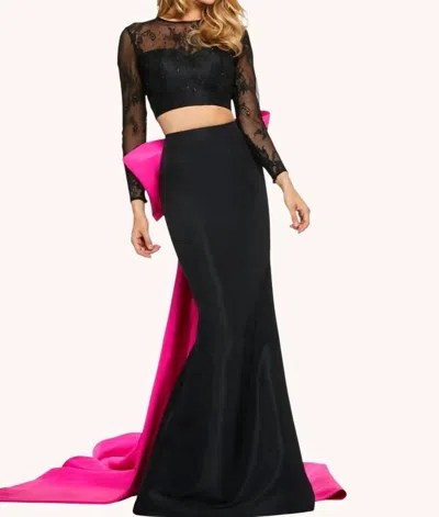 Sherri Hill Two Piece Dress With Oversized Bow In The Back In Black/pink In Multi