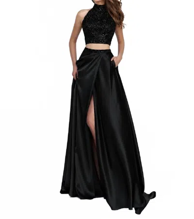 Sherri Hill Two Piece Halter High Slit Prom Gown Dress In Black In Blue