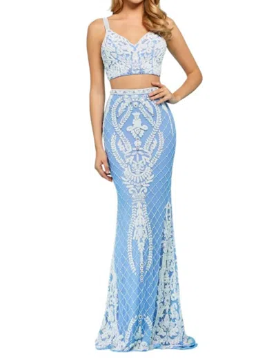 Sherri Hill Two-piece Lace Back Fitted Prom Dress In Periwinkle/ivory In Blue