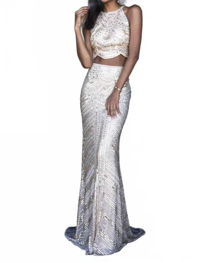Sherri Hill Two Piece Sequin Gown In Ivory In Gray