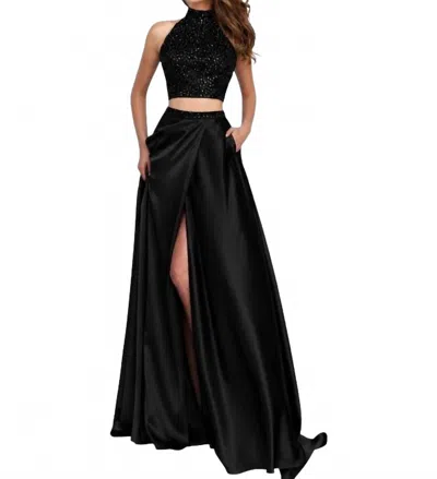 Sherri Hill Two-piece Halter High Slit Prom Dress In Black