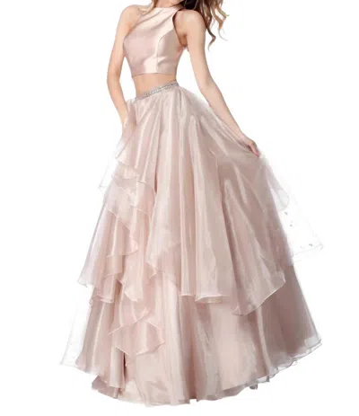 Sherri Hill Two-piece Satin Top Chiffon Skirt Prom Dress In Nude In Neutral