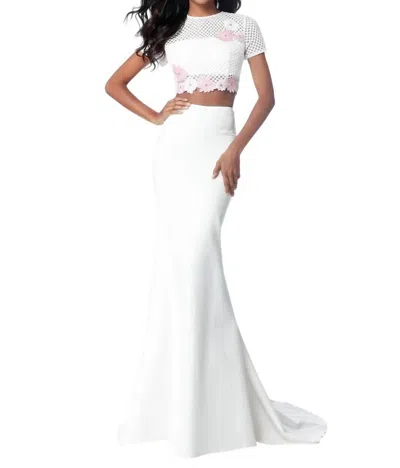Sherri Hill Two-piece Set Crop Top In Ivory/pink In White
