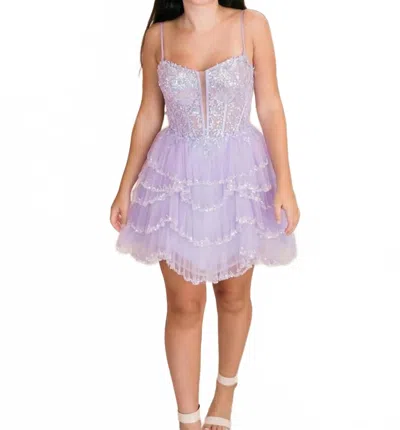 Sherri Hill V Neck Layered Mini Dress In Lilac In Purple
