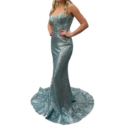 Sherri Hill V Neck Mermaid Dress In Light Green In Silver