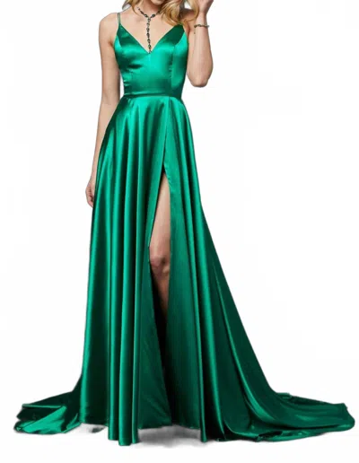 Sherri Hill V-neck Silk Gown In Emerald In Green