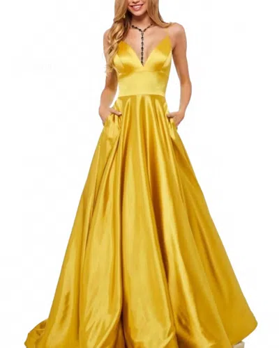 Sherri Hill V-neck Spaghetti Strap Dress In Yellow In Gold