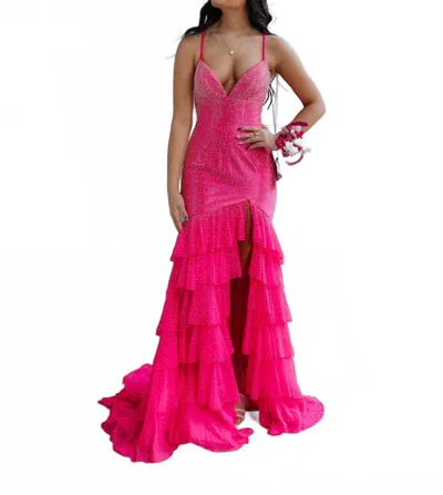 Sherri Hill Women's Chiffon Ruffle Hot Fix Skirt With Slit Prom Dress In Bright Fuchsia In Multi