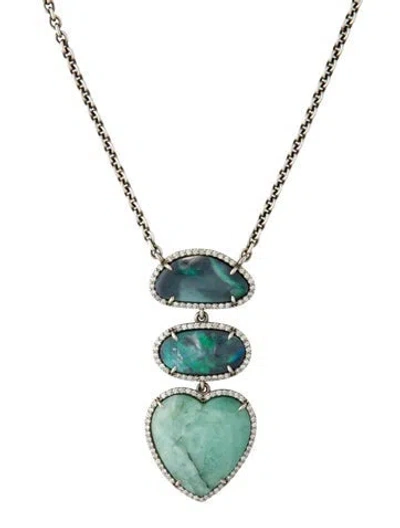 Pre-owned Sheryl Lowe 1.20ctw Diamond, Emerald & Opal Heart Pendant Necklace, 16.5" In Multi