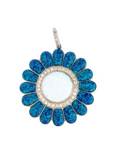 Pre-owned Sheryl Lowe 1.49ctw Diamond & Synthetic Opal Daisy Flower Pendant, 2.5" In Multicolor