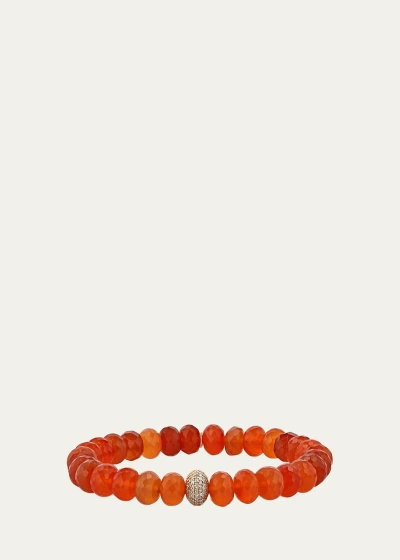 Sheryl Lowe 14k Carnelian 8mm Bead Bracelet With Pave Diamond Donut In Yellow Gold