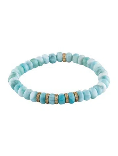 Pre-owned Sheryl Lowe 14k Larimar & Diamond Bead Bracelet, 6.5" In Multicolor