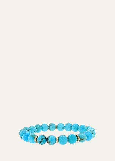 Sheryl Lowe 14k Turquoise 8mm Bead Bracelet With 3 Pave Diamond Rondelles In Yellow Gold