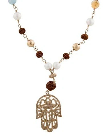 Pre-owned Sheryl Lowe 1.53ctw Diamond & Multistone Beaded Hamsa Pendant Necklace, 40"