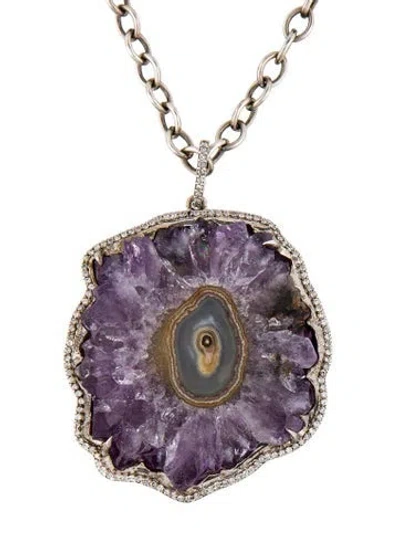 Pre-owned Sheryl Lowe Amethyst & Diamond Pendant Necklace, 17.25" In Multi