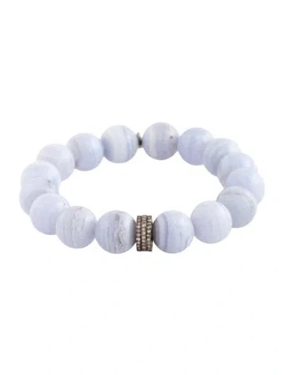 Pre-owned Sheryl Lowe Blue Lace Agate & Diamond Beaded Bracelet, 6.25" In Multicolor