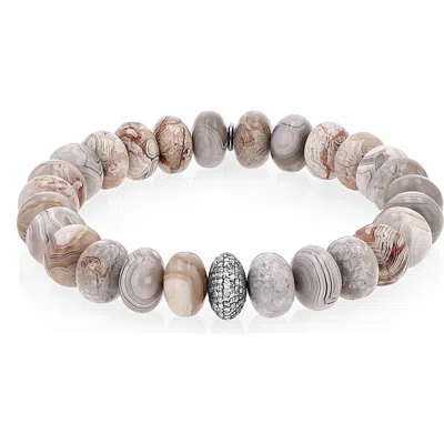 Sheryl Lowe Cream Agate 10mm Bead Bracelet With Diamond Donut In Sterling Silver/cream Agate