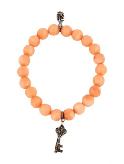 Pre-owned Sheryl Lowe Diamond & Coral Key Charm Bracelet, 6.25" In Multicolor