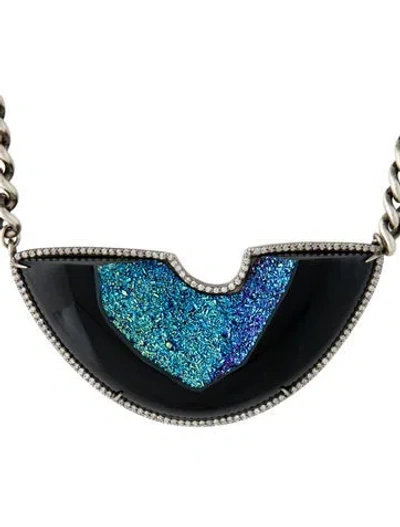 Pre-owned Sheryl Lowe Diamond Coated Druzy Pendant Necklace, 18" In Black/blue