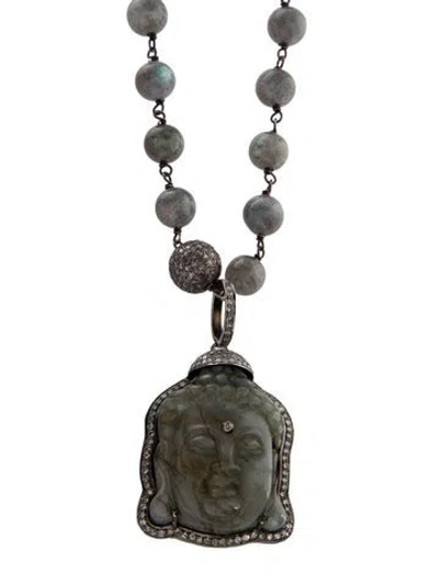 Pre-owned Sheryl Lowe Labradorite & 1.60ctw Diamond Buddha Pendant Necklace, 44" In Multi
