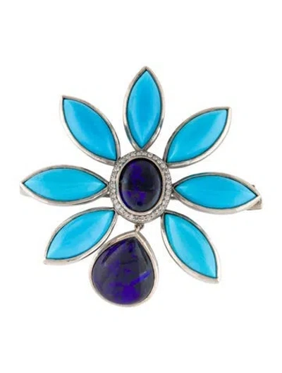 Pre-owned Sheryl Lowe Opal, Turquoise & Diamond Flower Brooch In Multi