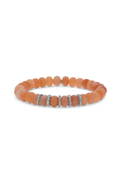 Sheryl Lowe Peach Moonstone 8mm Bead Bracelet With 5 Diamond Rondelles In Peach/sterling Silver
