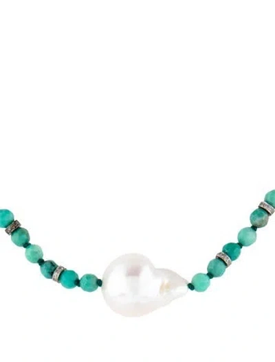 Pre-owned Sheryl Lowe Pearl & Chrysoprase Bead Strand Necklace, 17.5" In Multicolor