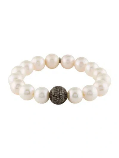 Pre-owned Sheryl Lowe Pearl & Diamond Ball Bead Strand Bracelet, 6.25" In Multi