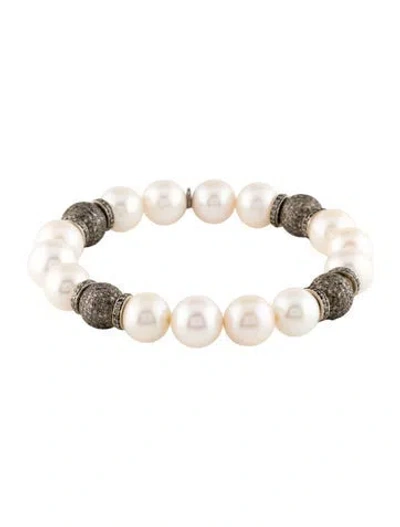 Pre-owned Sheryl Lowe Pearl & Diamond Ball Bead Strand Bracelet, 6.5" In Multi