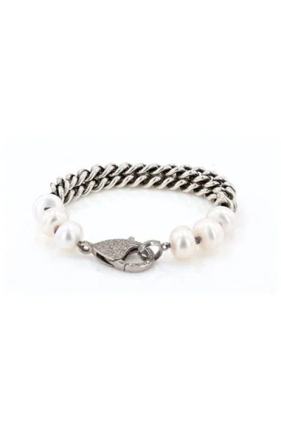 Sheryl Lowe Pearl And Double Chain Bracelet With Diamond Lobster Clasp In Pearl/sterling Silver