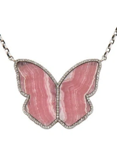 Pre-owned Sheryl Lowe Rhodochrosite & Diamond Butterfly Pendant Necklace, 18" In Multicolor