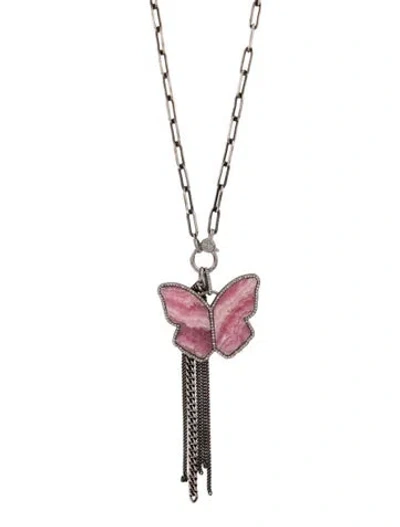 Pre-owned Sheryl Lowe Rhodochrosite & Diamond Butterfly Pendant Necklace, 43" In Multi