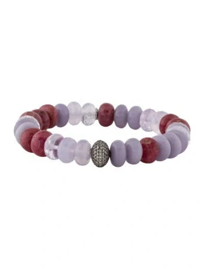 Pre-owned Sheryl Lowe Rhodonite, Quartz, Flourite & Diamond Bead Bracelet, 6.5" In Multi