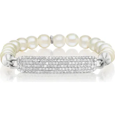 Sheryl Lowe Small Diamond Id Tag On Pearl Bead Bracelet