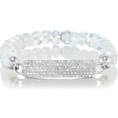 Sheryl Lowe Small Diamond Id Tag On Rainbow Moonstone Bead Bracelet In White/sterling Silver