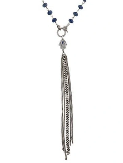 Pre-owned Sheryl Lowe Sodalite, Diamond, & Sapphire Fringe Pendant Necklace, 36" In Multicolor