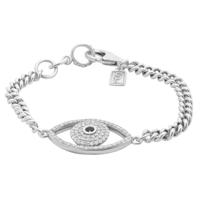 Pre-owned Sheryl Lowe Sterling Silver Cz And Synthetic Sapphire Evil Eye Bracelet In Blue