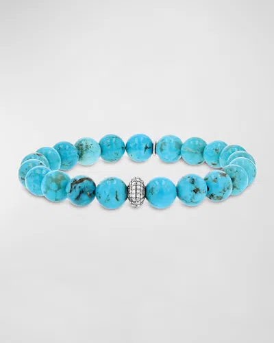 Sheryl Lowe Turquoise 8mm Bead Bracelet With Pave Diamond Donut In Blue