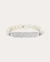 Sheryl Lowe Small Diamond Id Tag On Pearl Bead Bracelet In White Pearl