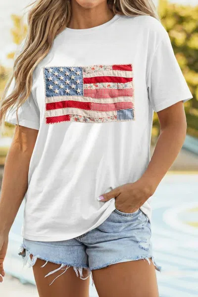 Shewin American Flag Patchwork Casual Tee In Red Multi