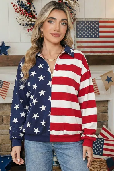 Shewin American Zip Collar Pullover Top In Red Multi