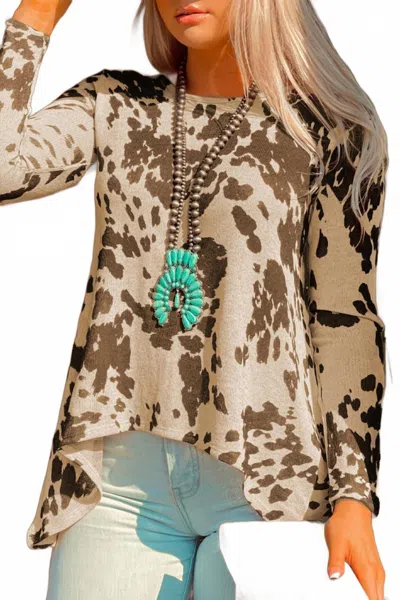 Shewin Apricot Cow Print Western Women Top In Beige In Brown